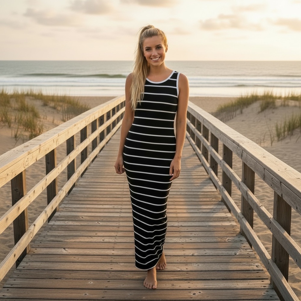 NWT Green Envelope Striped Maxi Dress Cover Up Casual Bodycon Summer Vacation